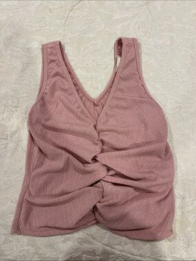 Twist-Front Ribbed V-Neck Tank Top - Dusty Rose